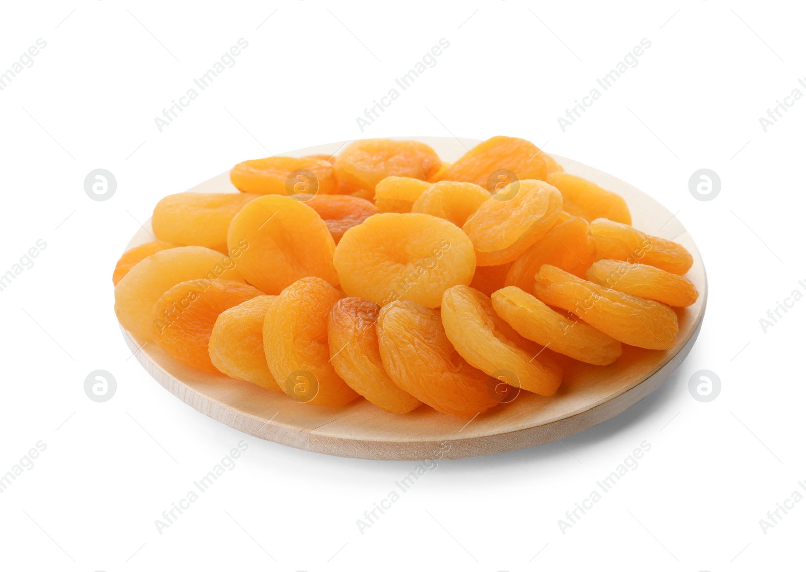 Photo of Wooden tray with tasty dried apricots isolated on white