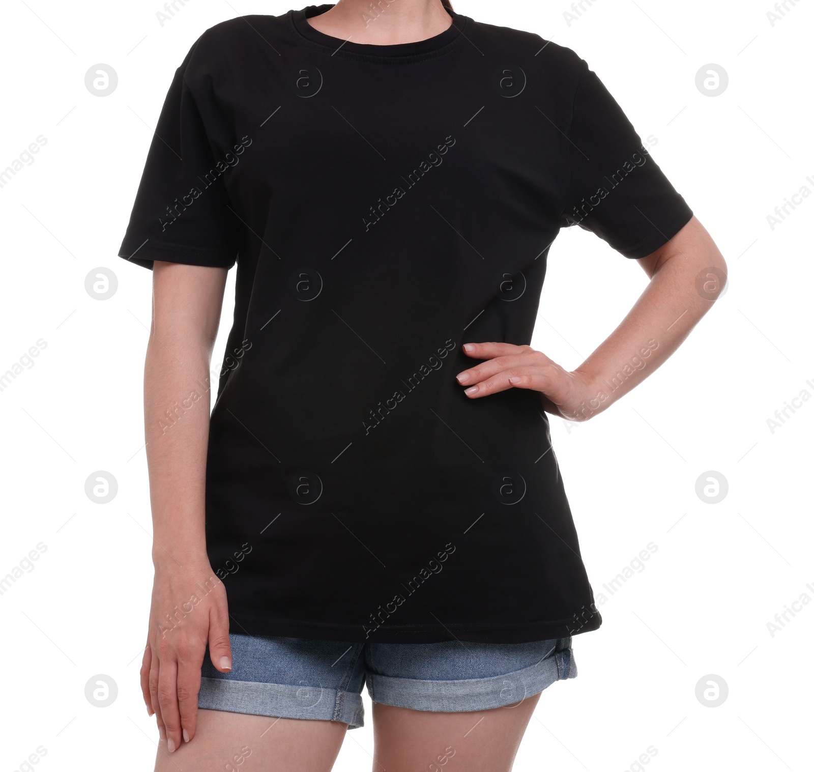 Photo of Woman in stylish black t-shirt on white background, closeup