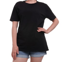 Photo of Woman in stylish black t-shirt on white background, closeup