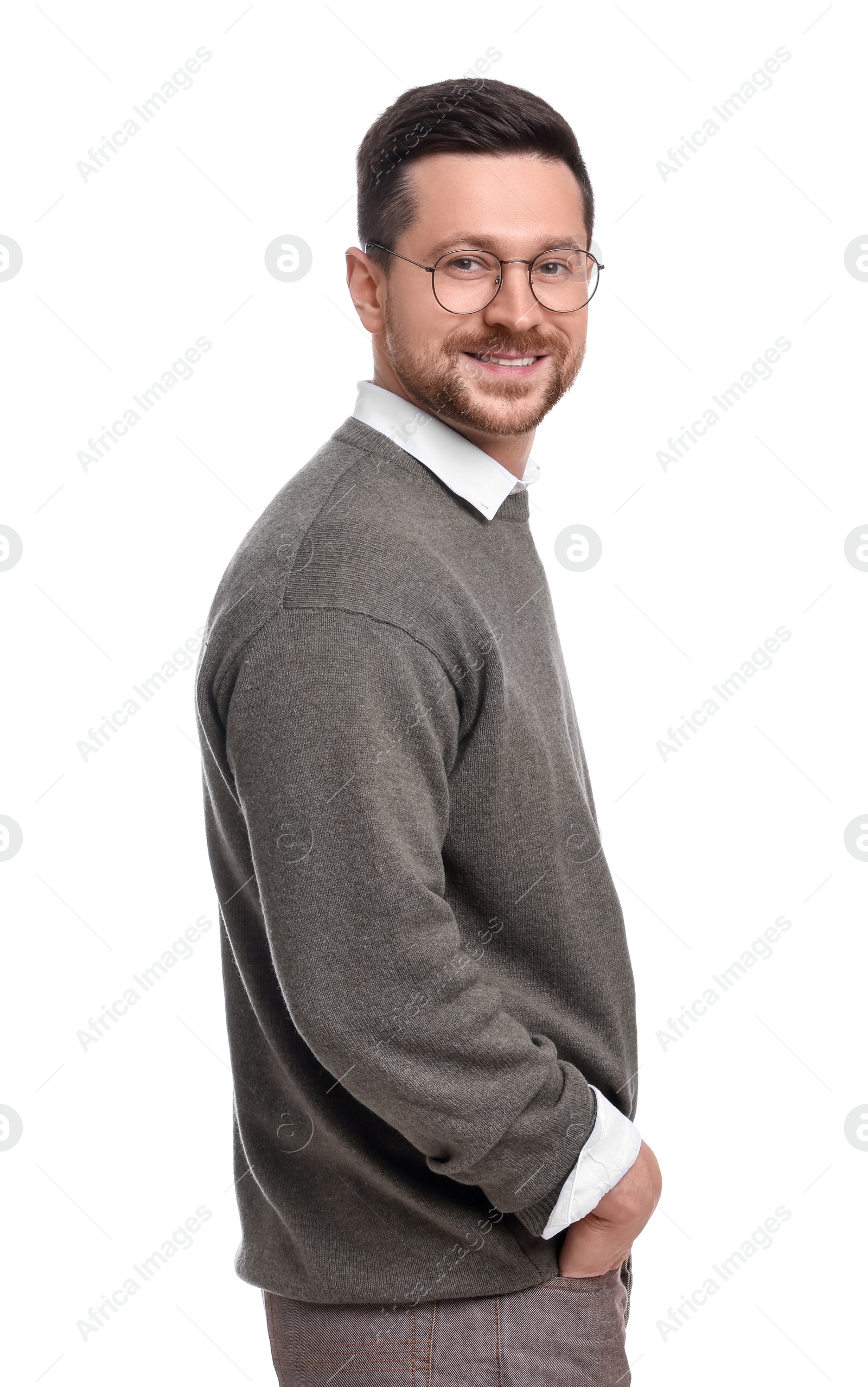 Photo of Handsome bearded businessman in eyeglasses on white background