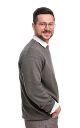 Handsome bearded businessman in eyeglasses on white background