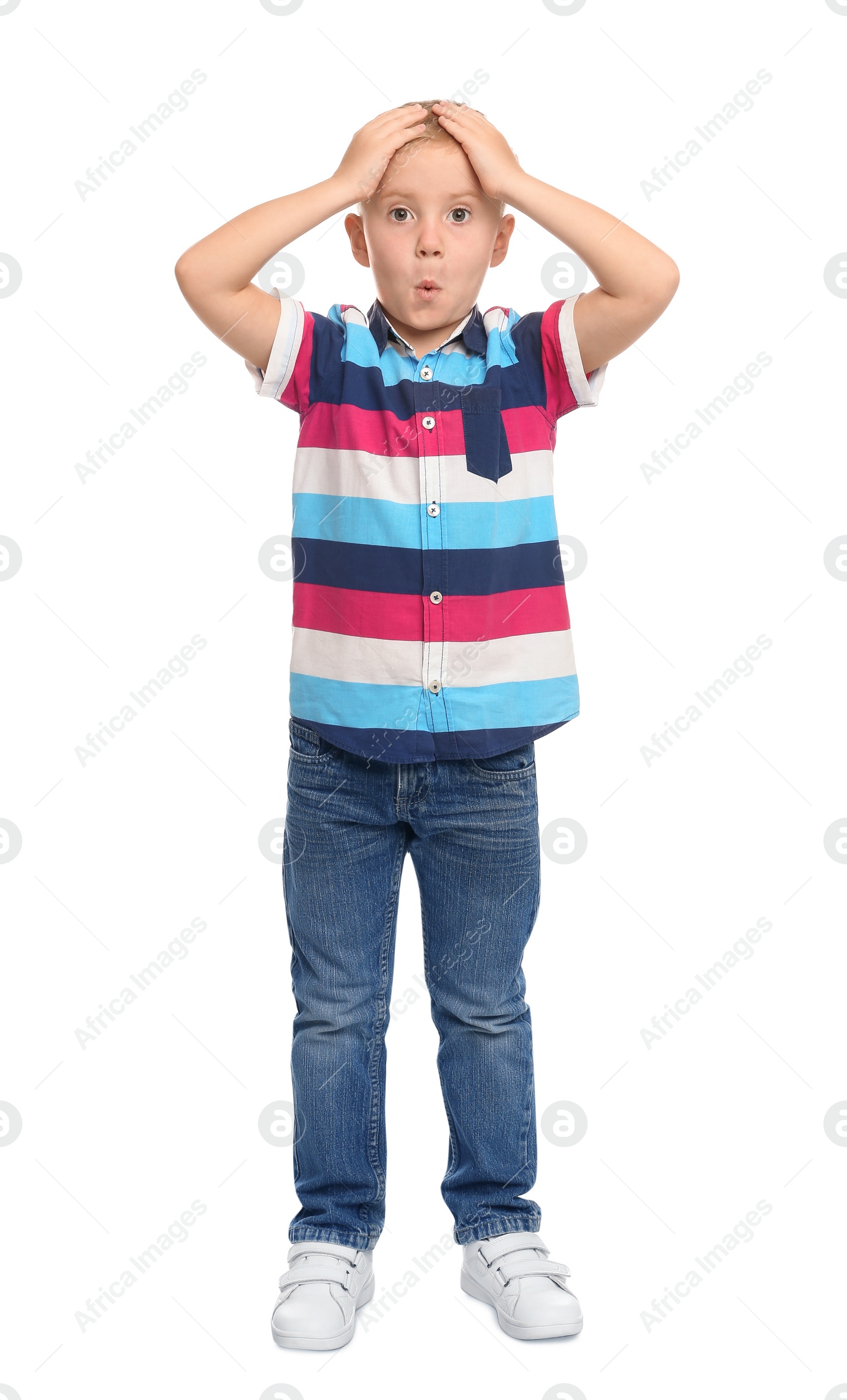 Photo of Full length portrait of cute little boy on white background