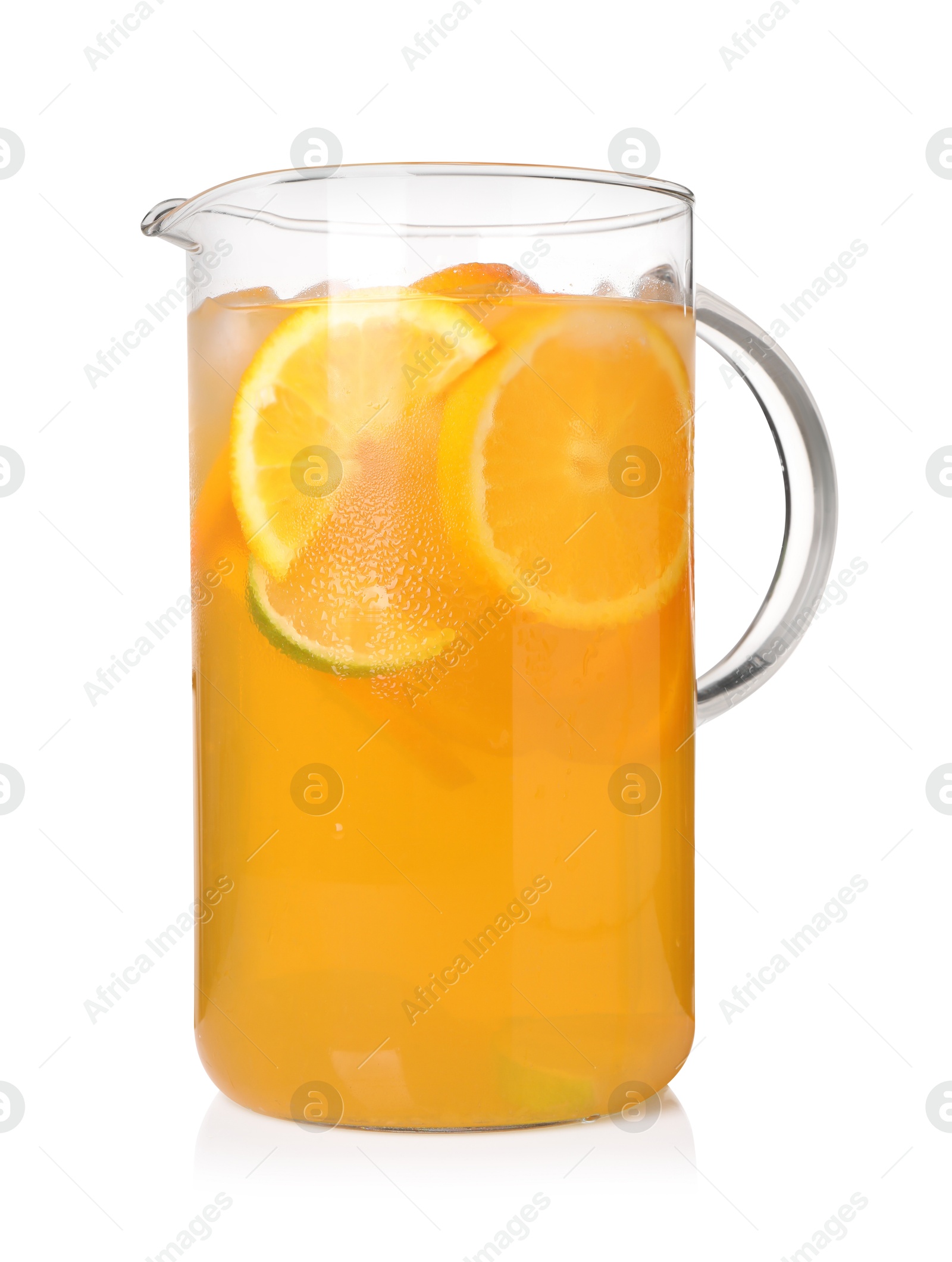 Photo of Freshly made lemonade in jug isolated on white