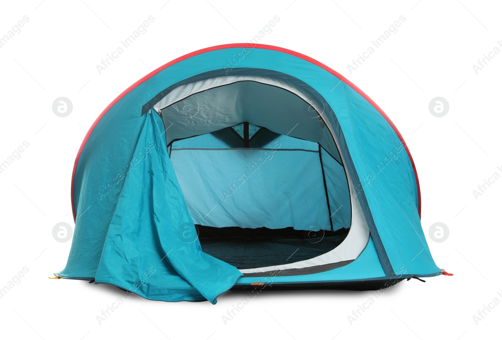 Photo of Light blue camping tent on white background