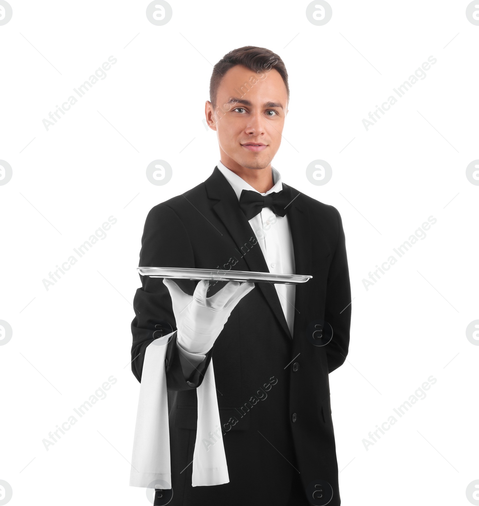 Photo of Waiter holding metal tray on white background