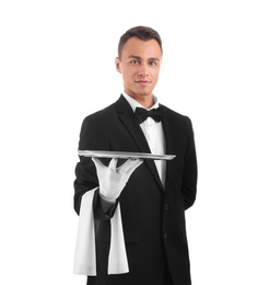 Photo of Waiter holding metal tray on white background