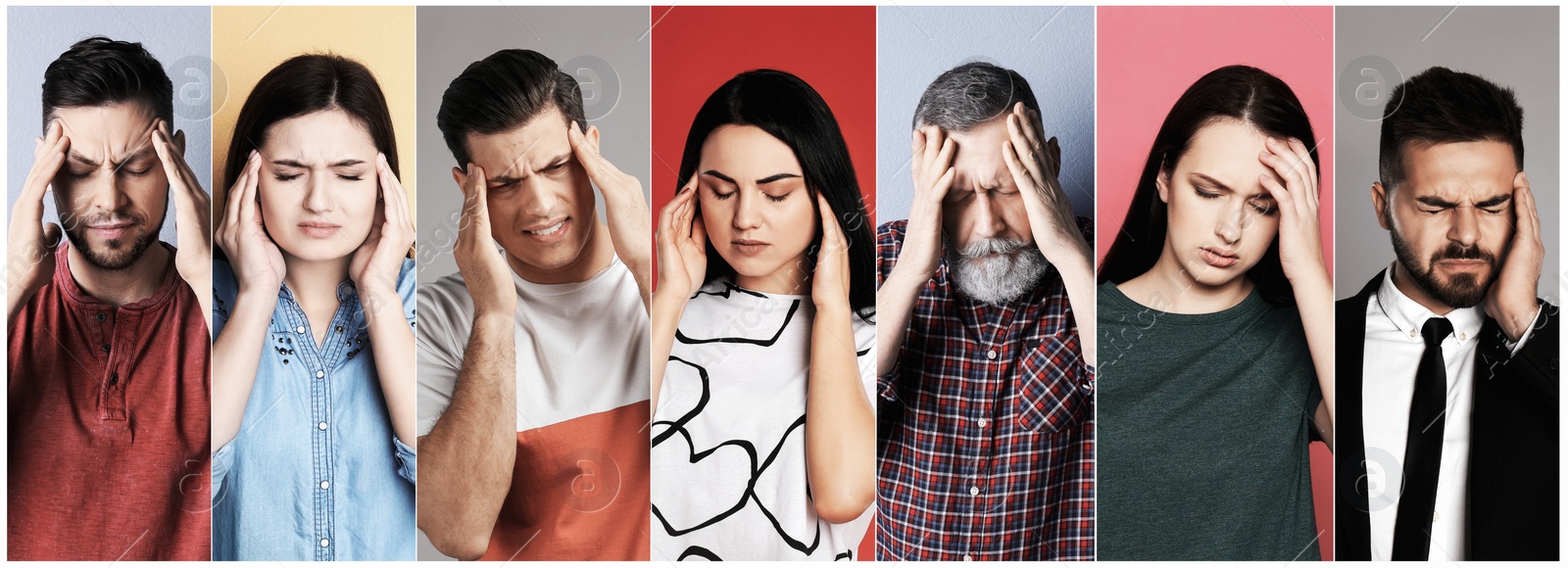Image of Collage with stressed people on different color backgrounds. Banner design