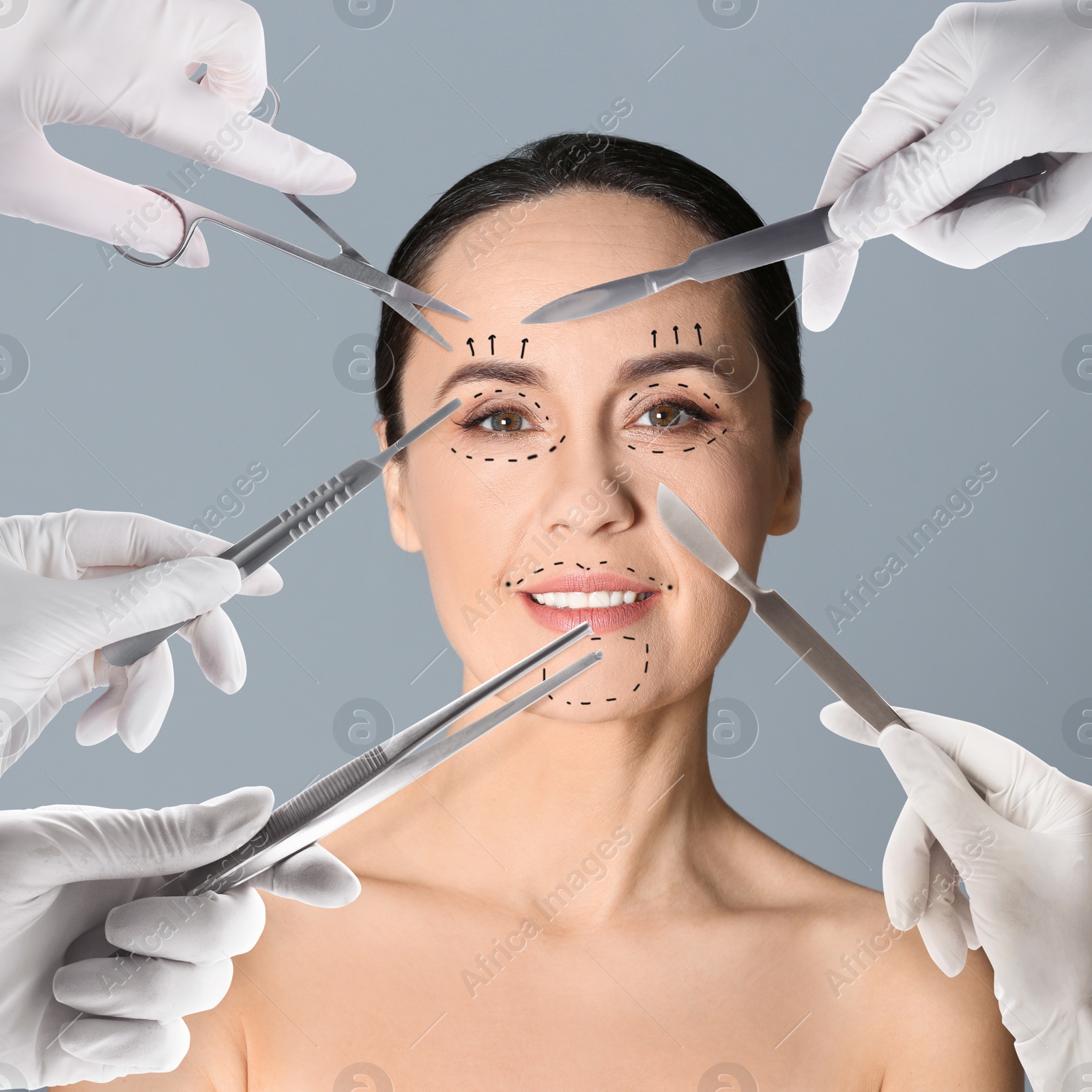 Image of Doctors with different instruments and mature woman on grey background, collage. Concept of plastic surgery 