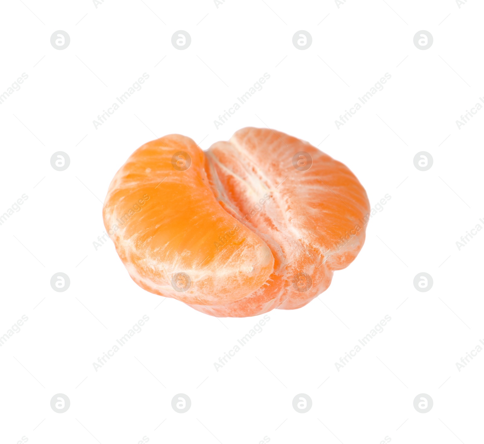 Photo of Half of peeled fresh ripe tangerine isolated on white