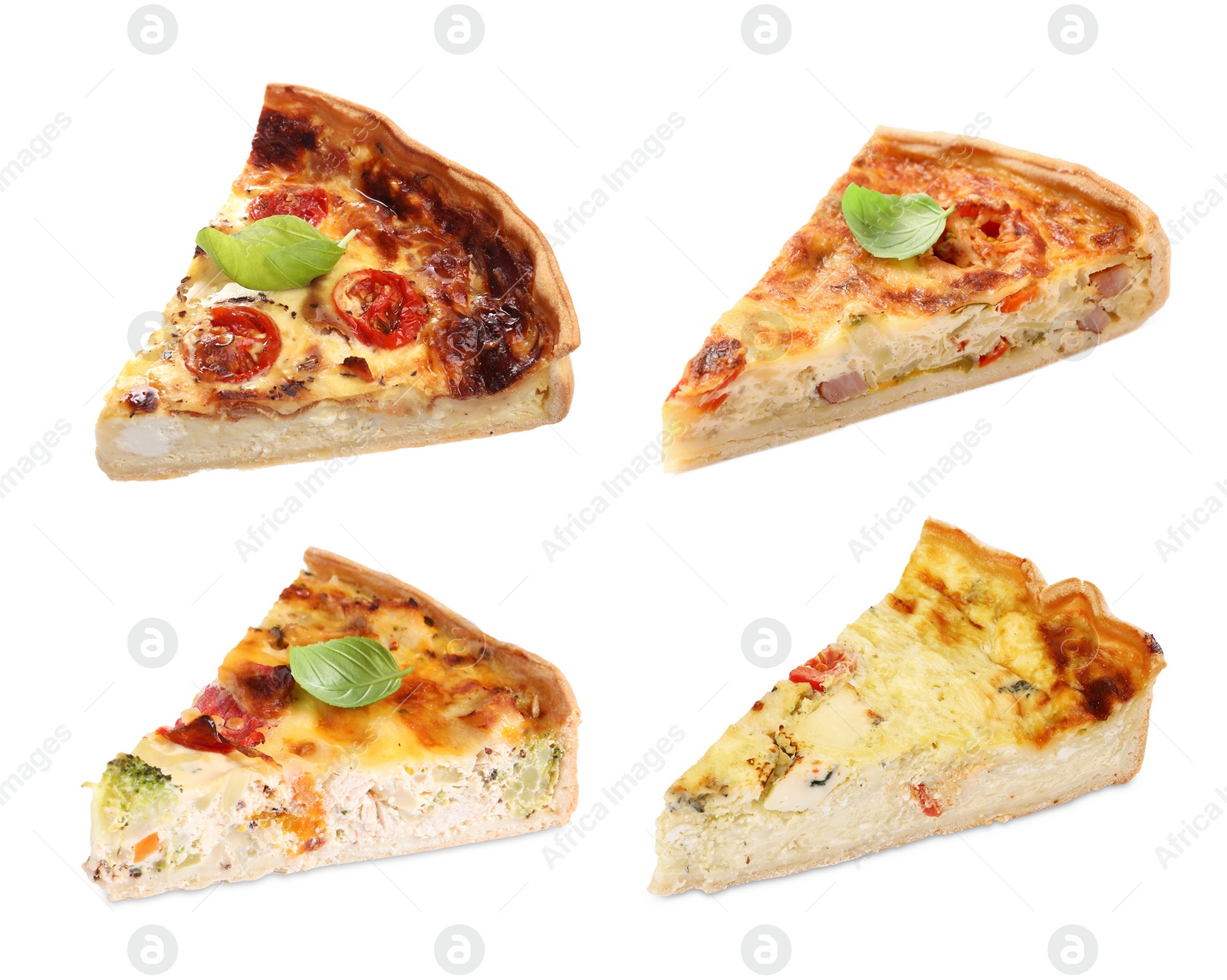 Image of Pieces of different quiches isolated on white, set