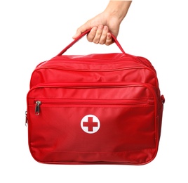 Photo of Woman holding first aid kit on white background