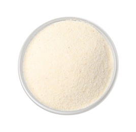 Photo of Bowl of uncooked organic semolina isolated on white, top view