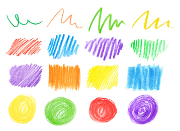 Image of Collage of color drawn pencil scribbles on white background