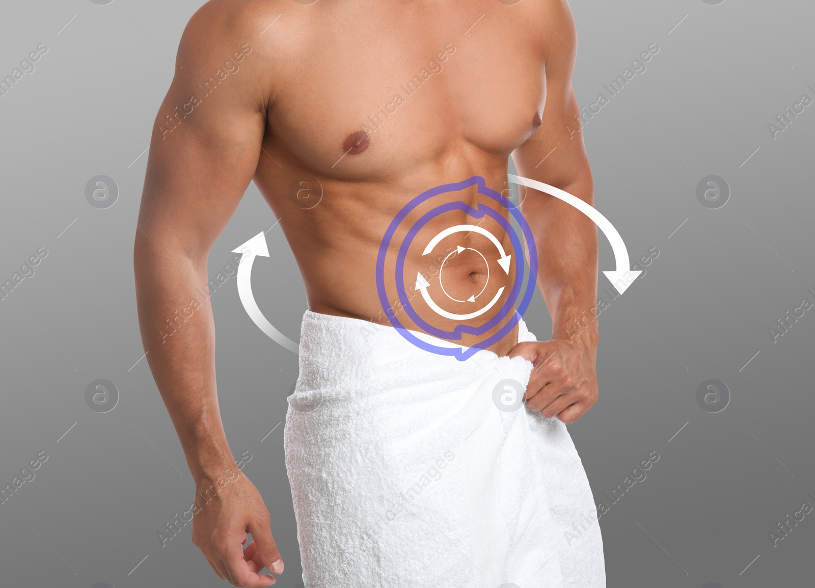 Image of Metabolism concept. Man with perfect body on grey background, closeup