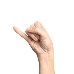 Photo of Woman showing J letter on white background, closeup. Sign language