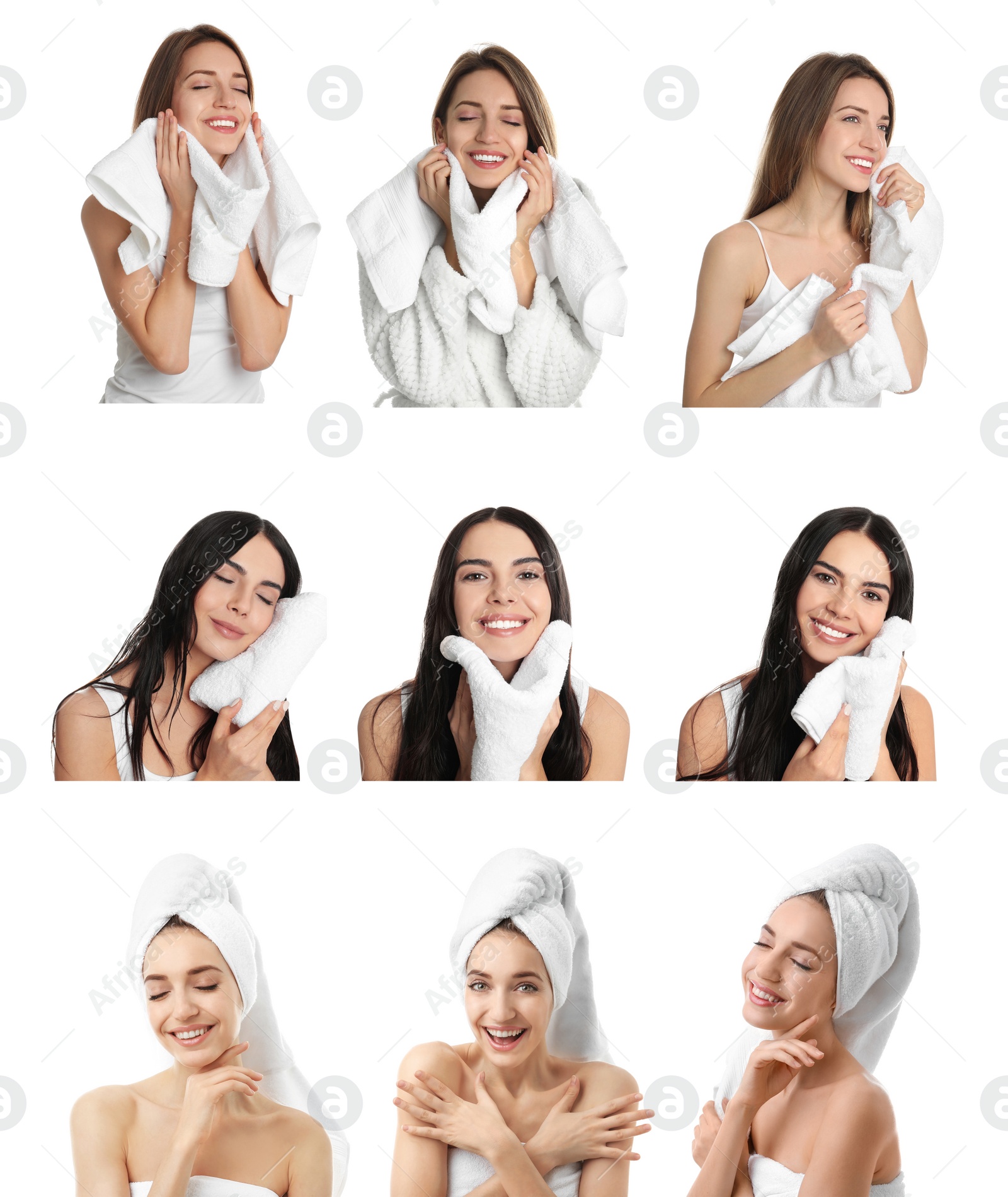 Image of Collage with photos of beautiful women with soft towels on white background