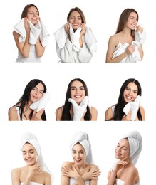 Collage with photos of beautiful women with soft towels on white background