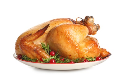 Photo of Platter of cooked turkey with garnish on white background