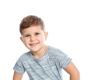 Photo of Portrait of little boy laughing on white background