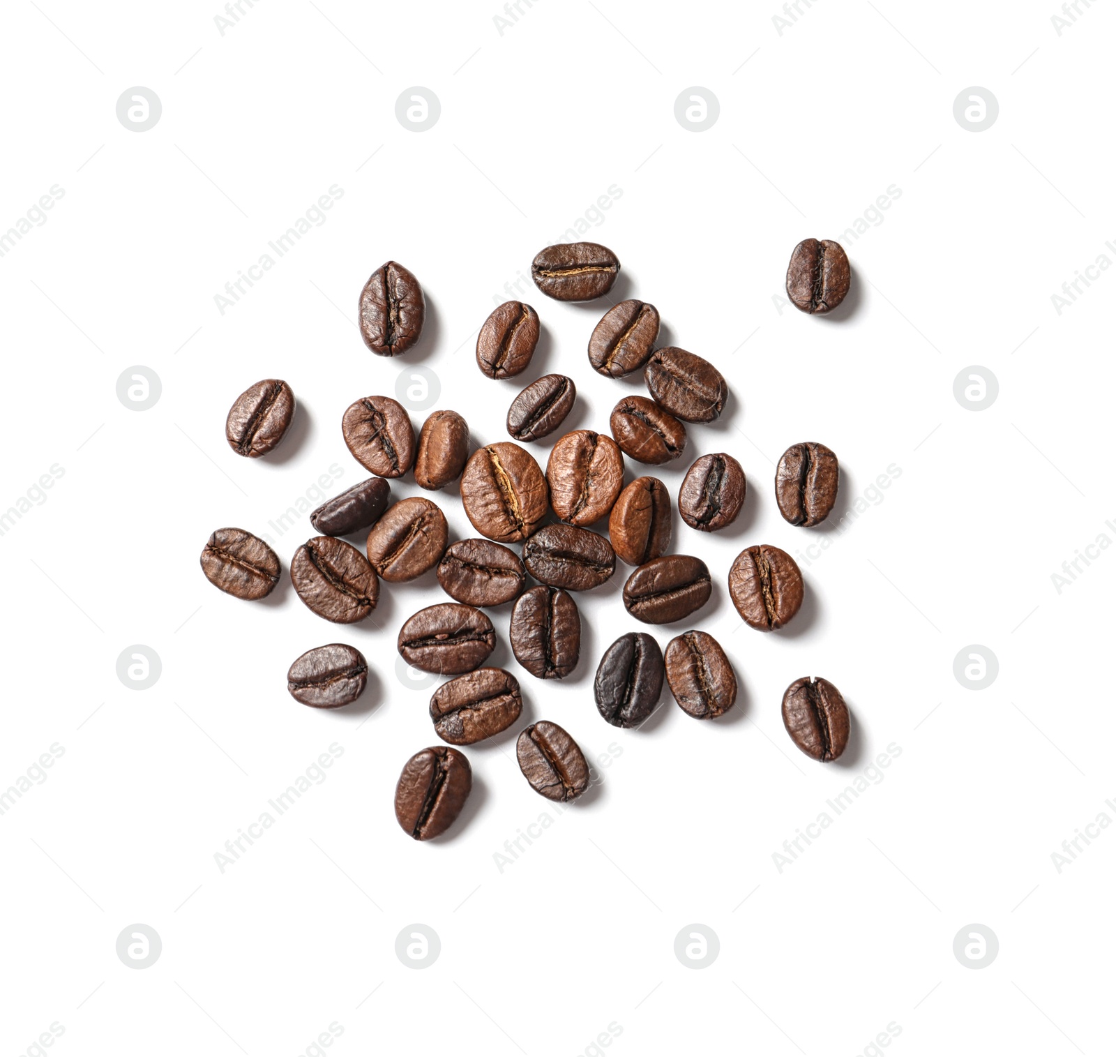 Photo of Roasted coffee beans on white background, top view