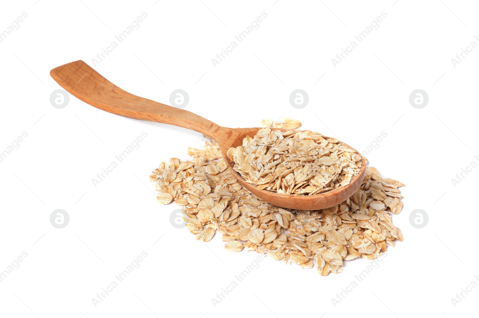 Photo of Wooden spoon with oatmeal isolated on white