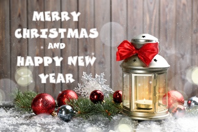 Image of Greeting card design. Composition with Christmas lantern on table 