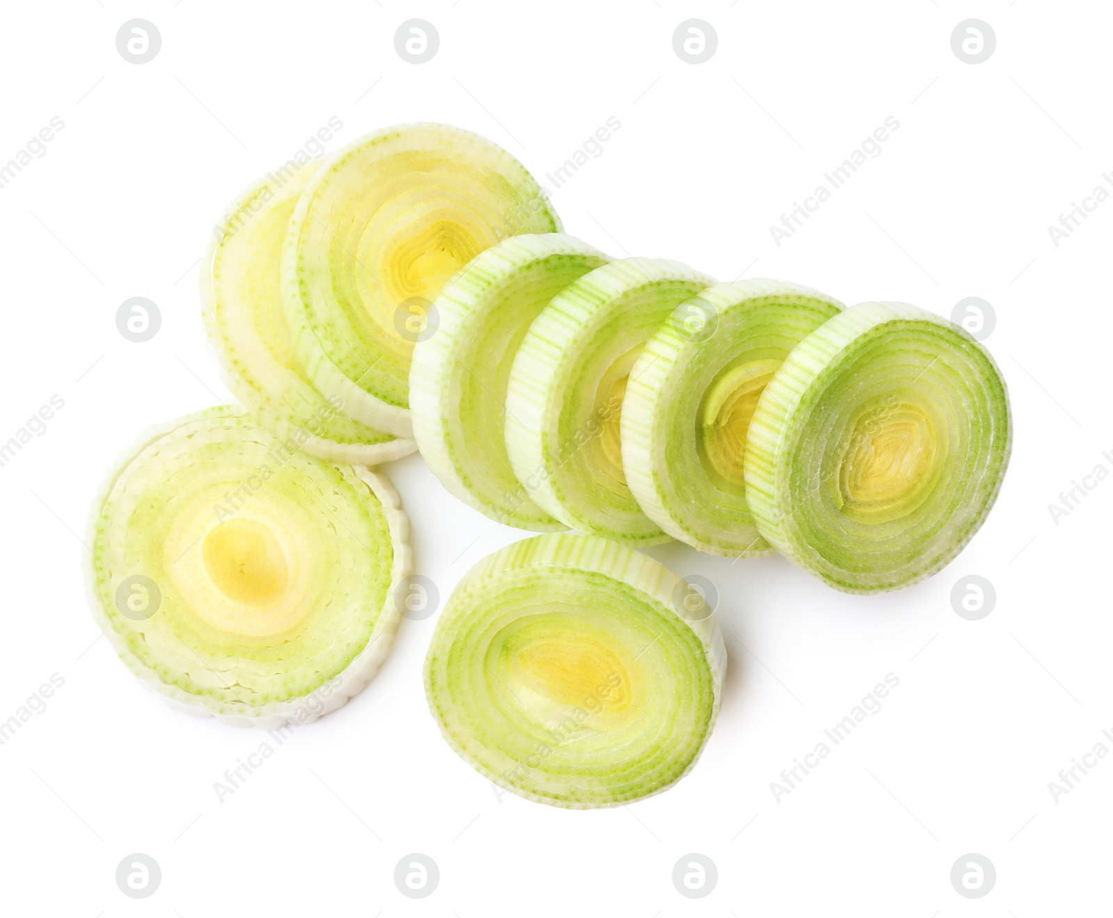 Photo of Fresh raw leek slices on white background, top view. Ripe onion