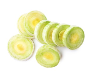 Photo of Fresh raw leek slices on white background, top view. Ripe onion