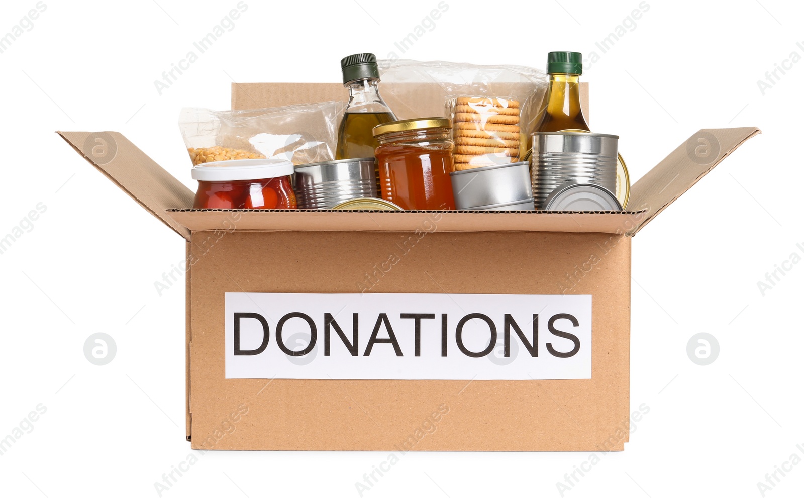 Photo of Donation box with food isolated on white