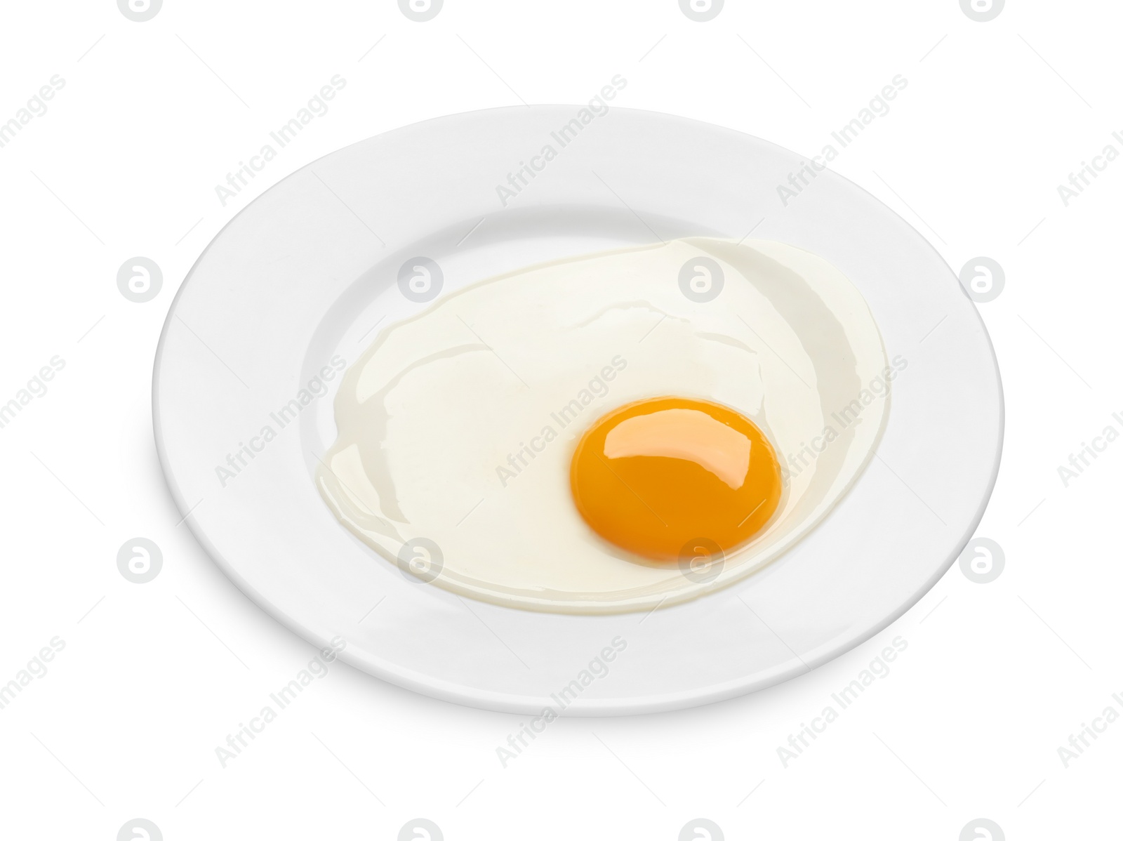 Photo of Plate with tasty fried egg isolated on white