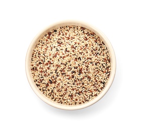 Bowl with mixed quinoa seeds on white background, top view