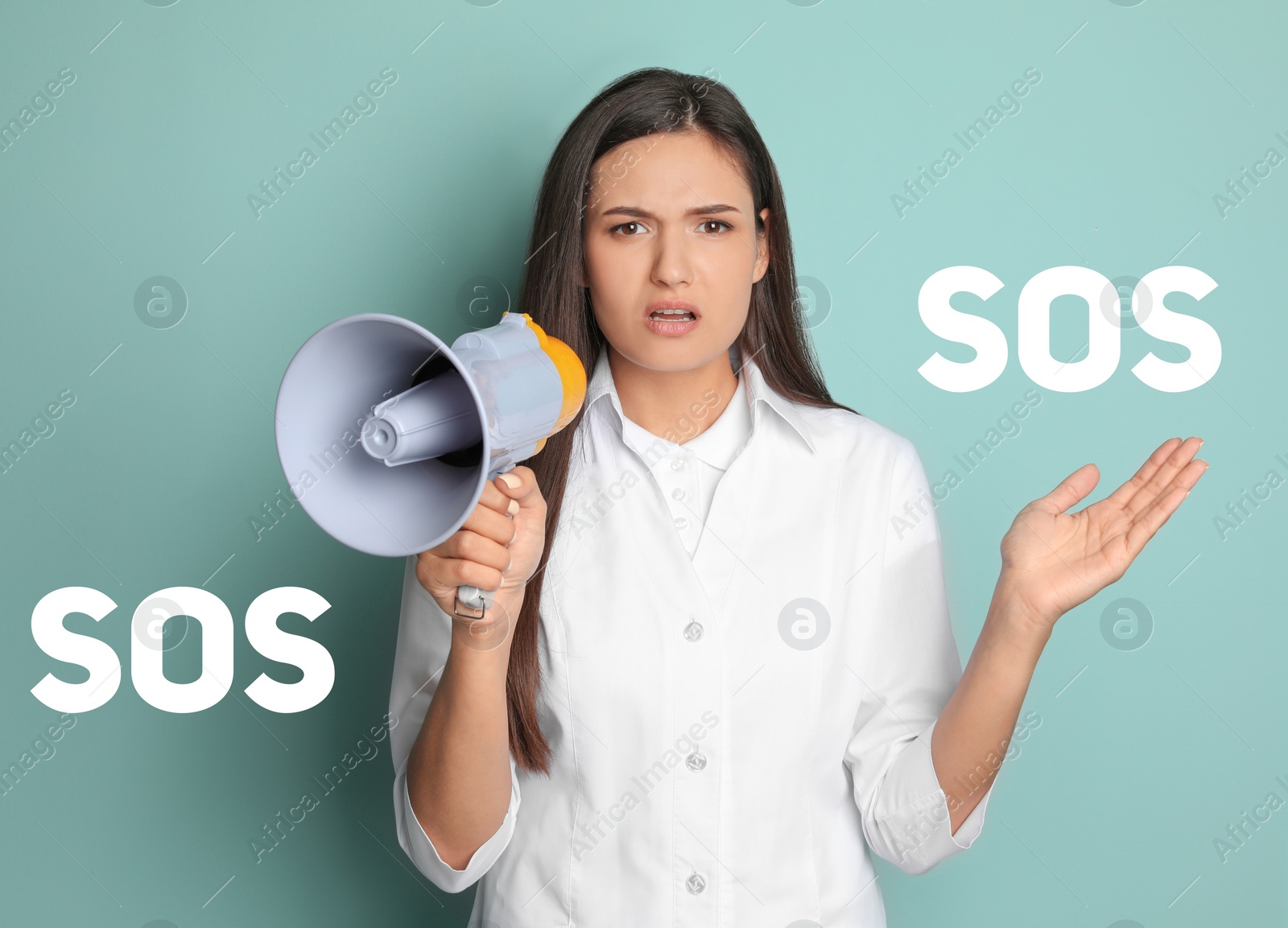 Image of Doctor with megaphone and words SOS on color background. Asking for help