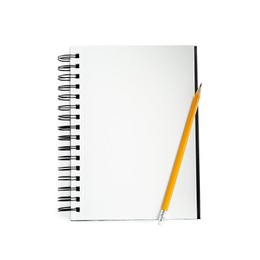 Photo of Notebook and pencil isolated on white, top view