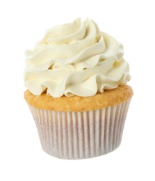 Photo of Tasty vanilla cupcake with cream isolated on white