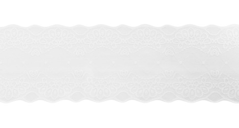 Photo of Beautiful lace isolated on white, top view