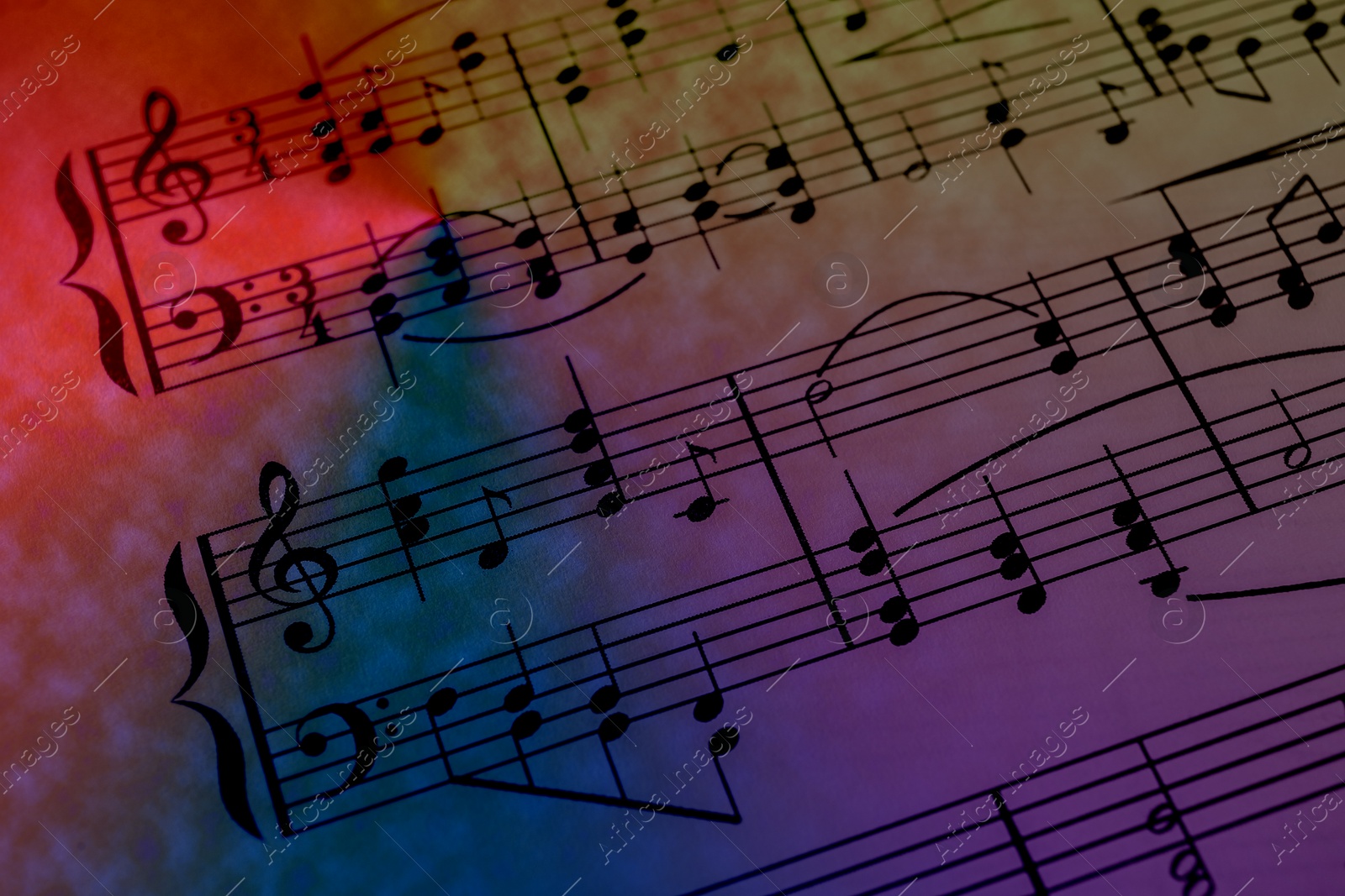 Image of Sheet with music notes as background, closeup. Color tone effect