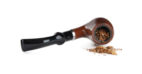 Photo of Classic smoking pipe with tobacco on white background