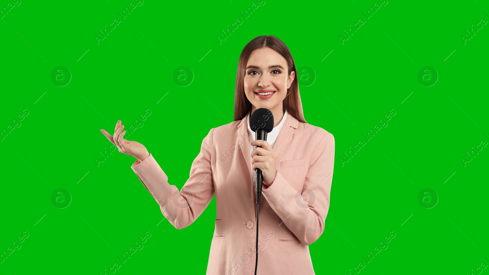 Image of Chroma key compositing. Broadcaster with microphone against green screen, banner design