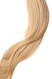 Photo of Lock of healthy blond hair on white background