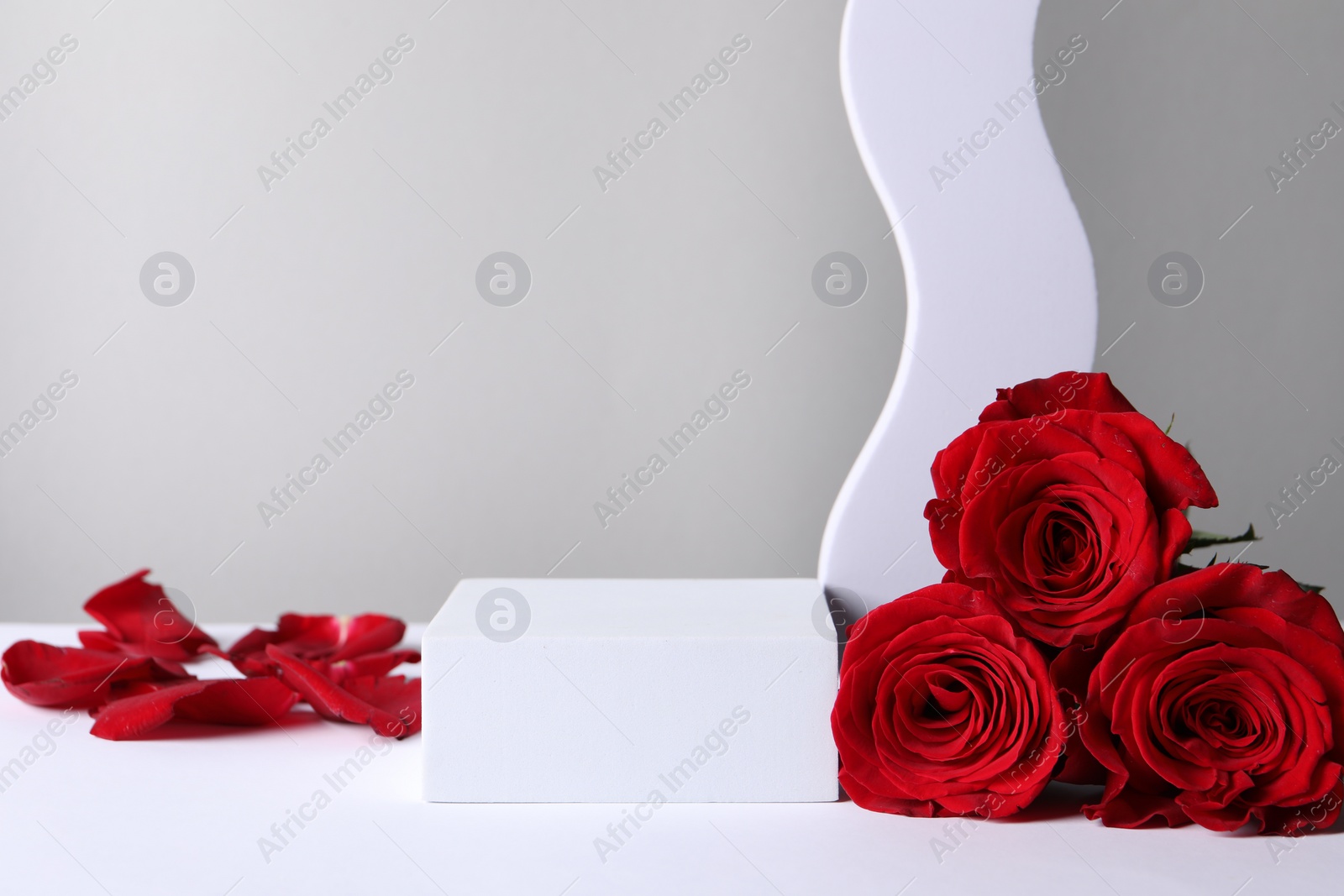 Photo of Stylish presentation for product. Beautiful red roses, petals and geometric figures on light background, space for text