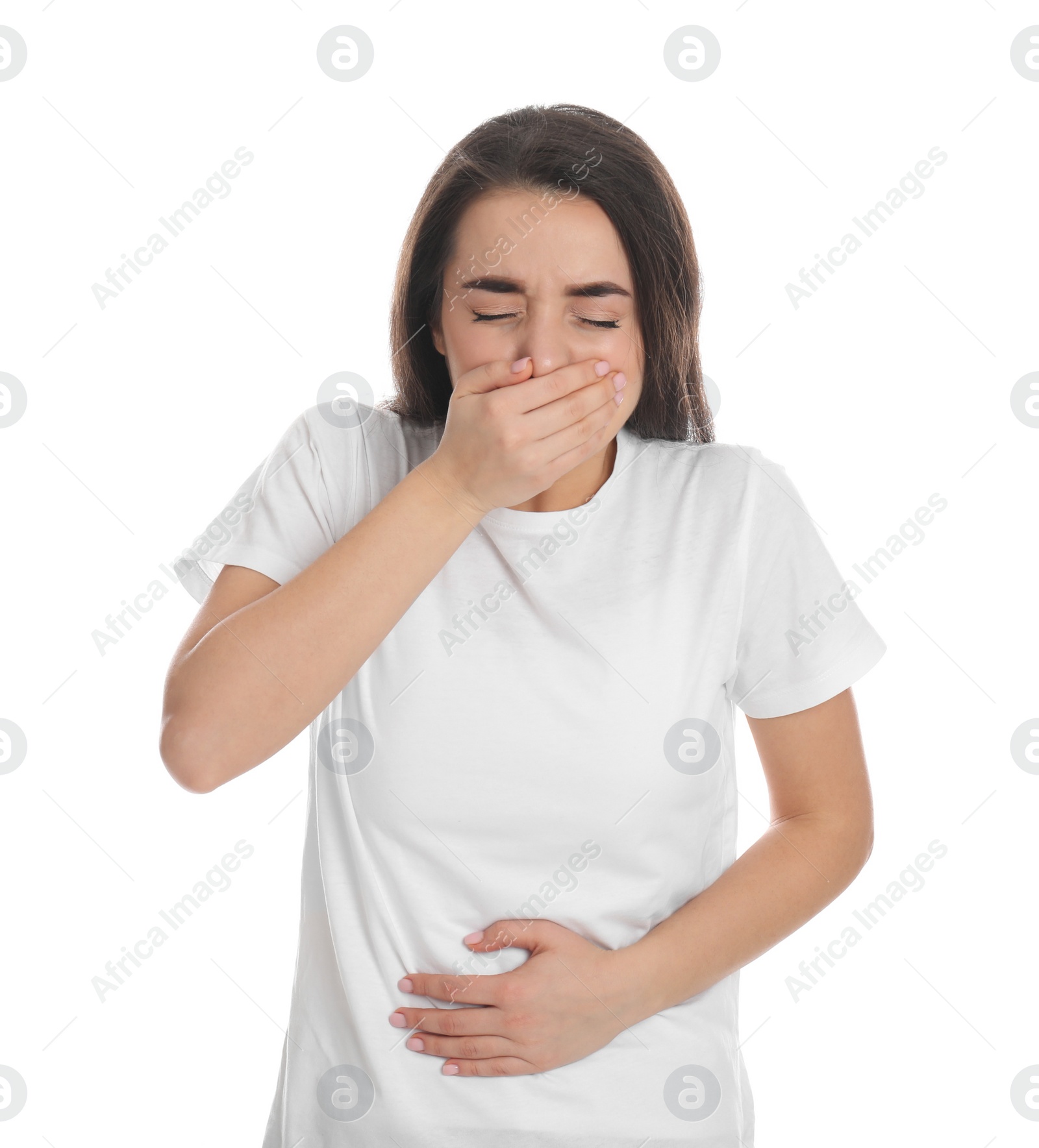 Photo of Young woman suffering from stomach ache and nausea on white background. Food poisoning