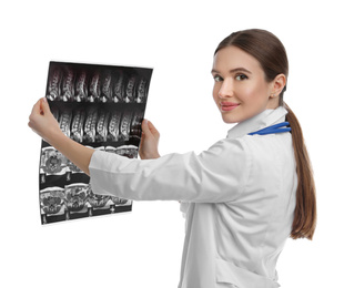 Orthopedist holding X-ray picture on white background