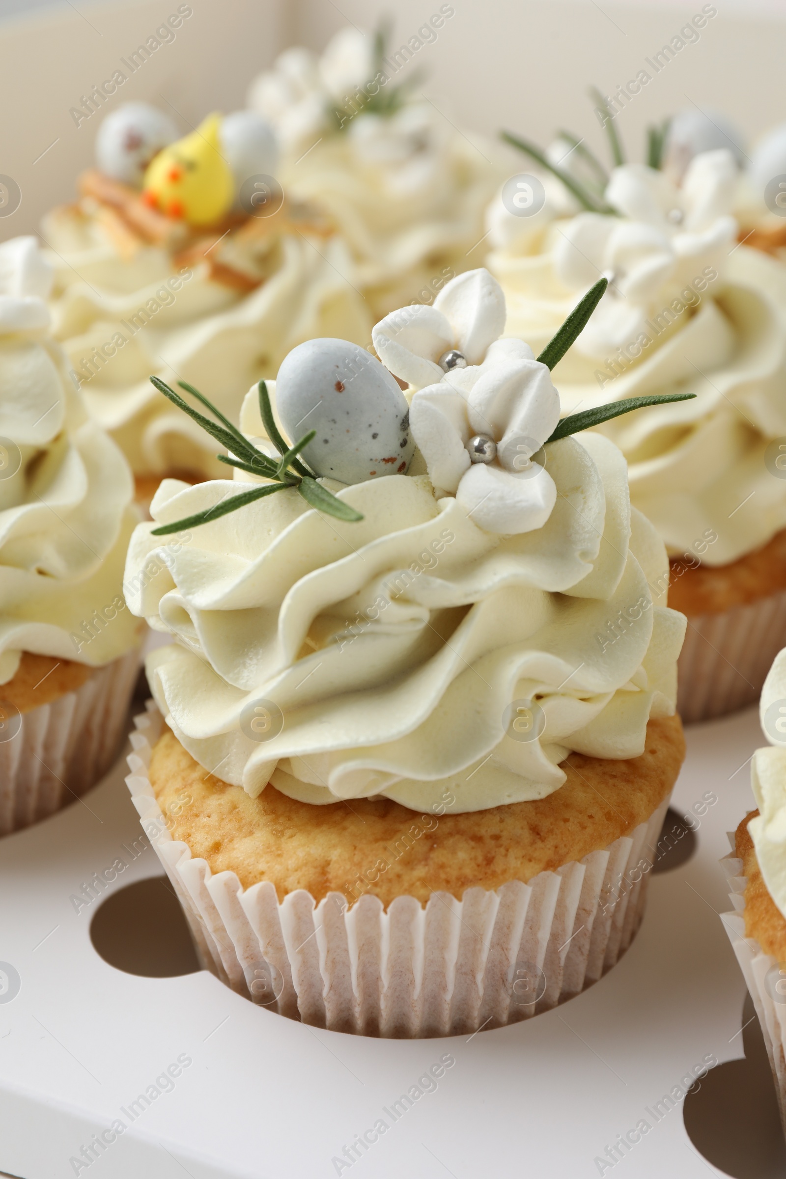 Photo of Tasty Easter cupcakes with vanilla cream in box, closeup