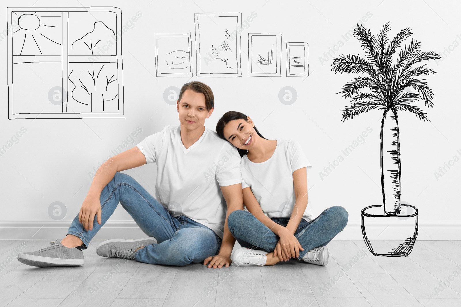 Image of Happy couple dreaming about renovation on floor. Illustrated interior design