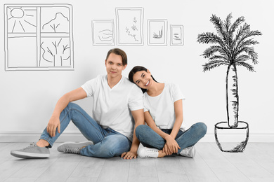 Happy couple dreaming about renovation on floor. Illustrated interior design