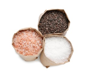 Different salts in paper bags on white background, top view