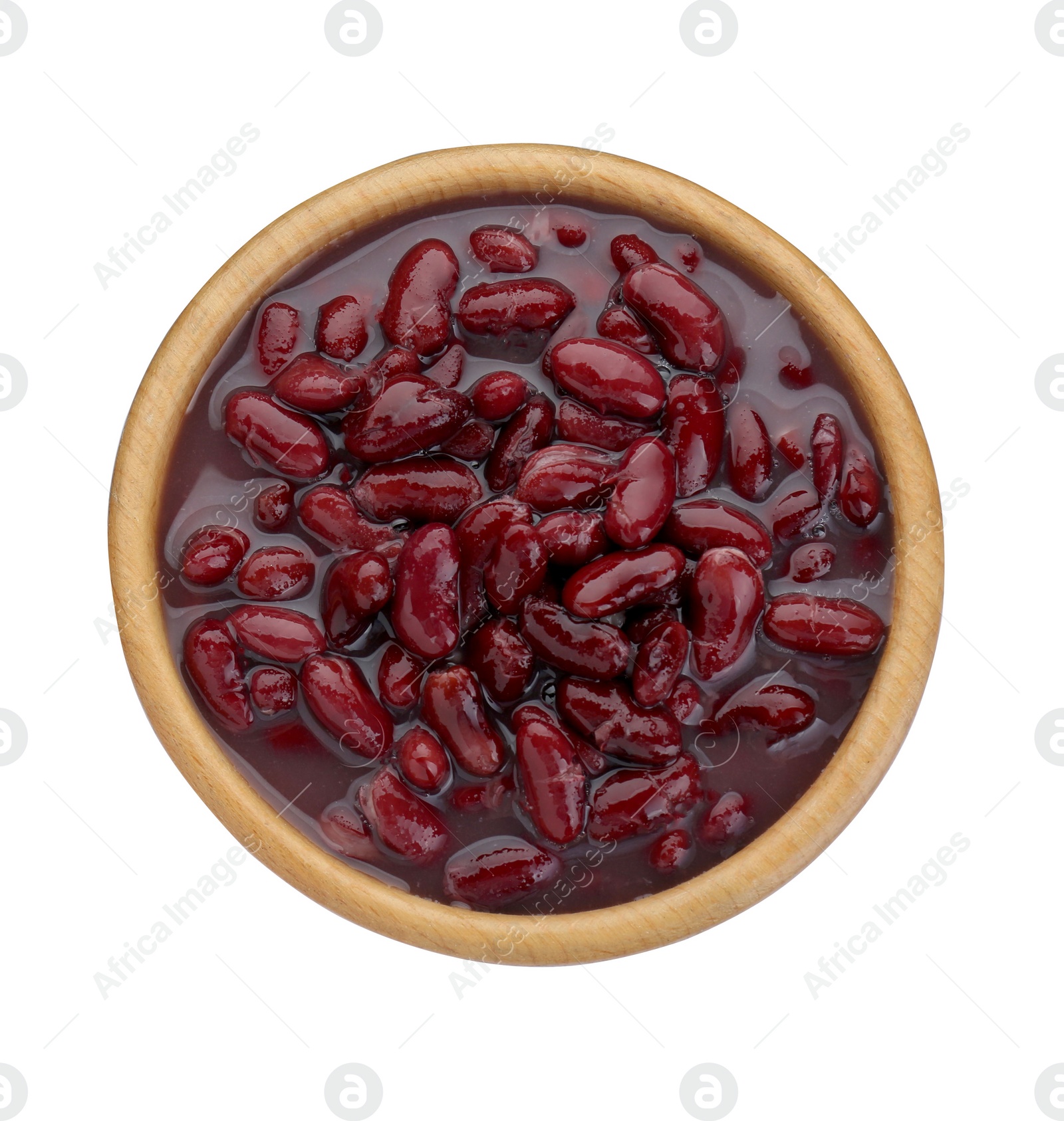 Photo of Bowl of canned red kidney beans on white background, top view