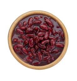 Bowl of canned red kidney beans on white background, top view