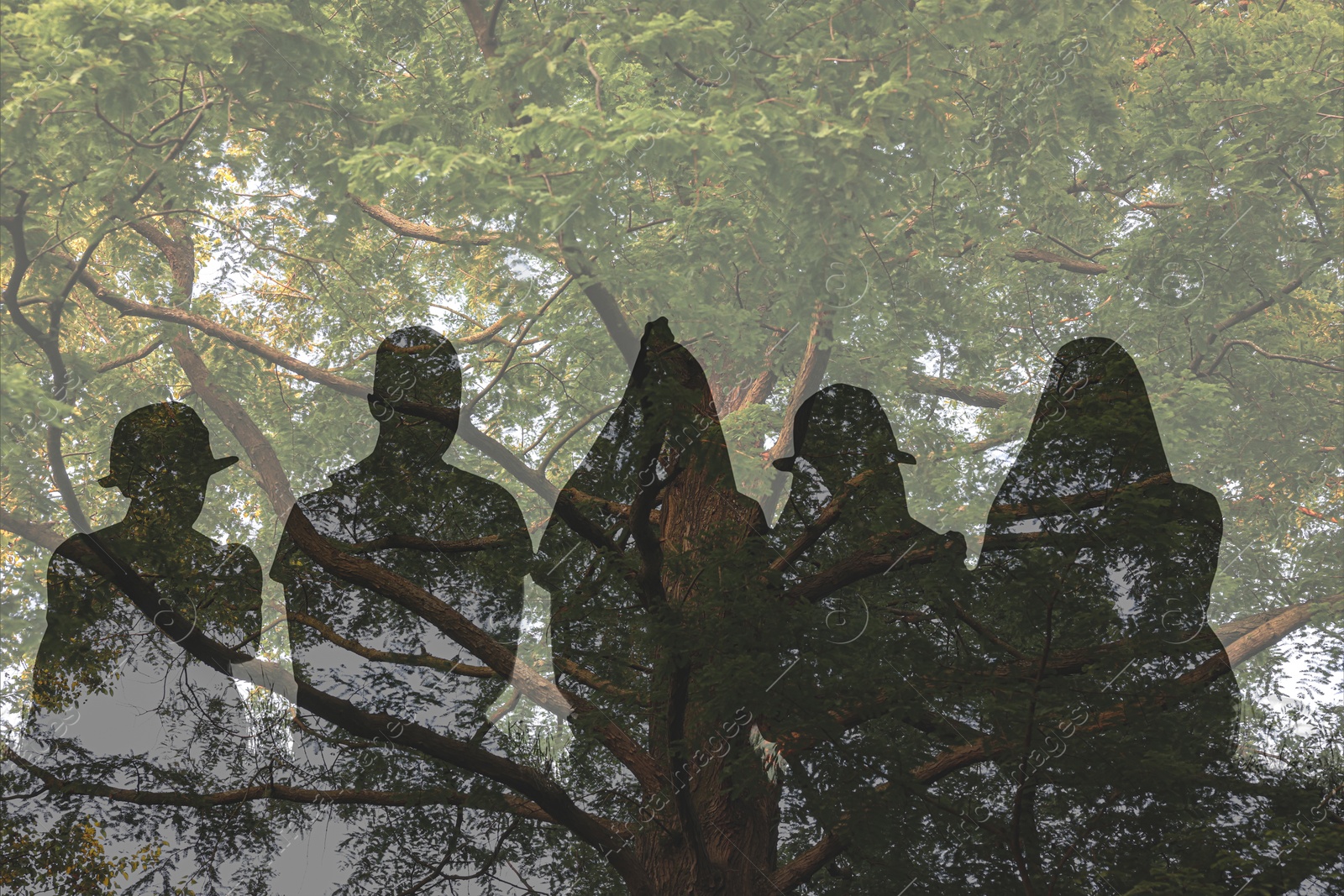 Image of Silhouettes of children and tree outdoors, double exposure