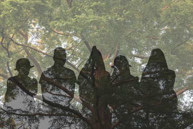 Image of Silhouettes of children and tree outdoors, double exposure